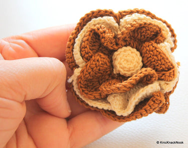 Brown and Beige Crochet Flower Applique x 1